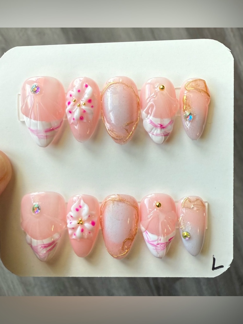 Peach Pink Floral & Gold Accent Press-On Nails